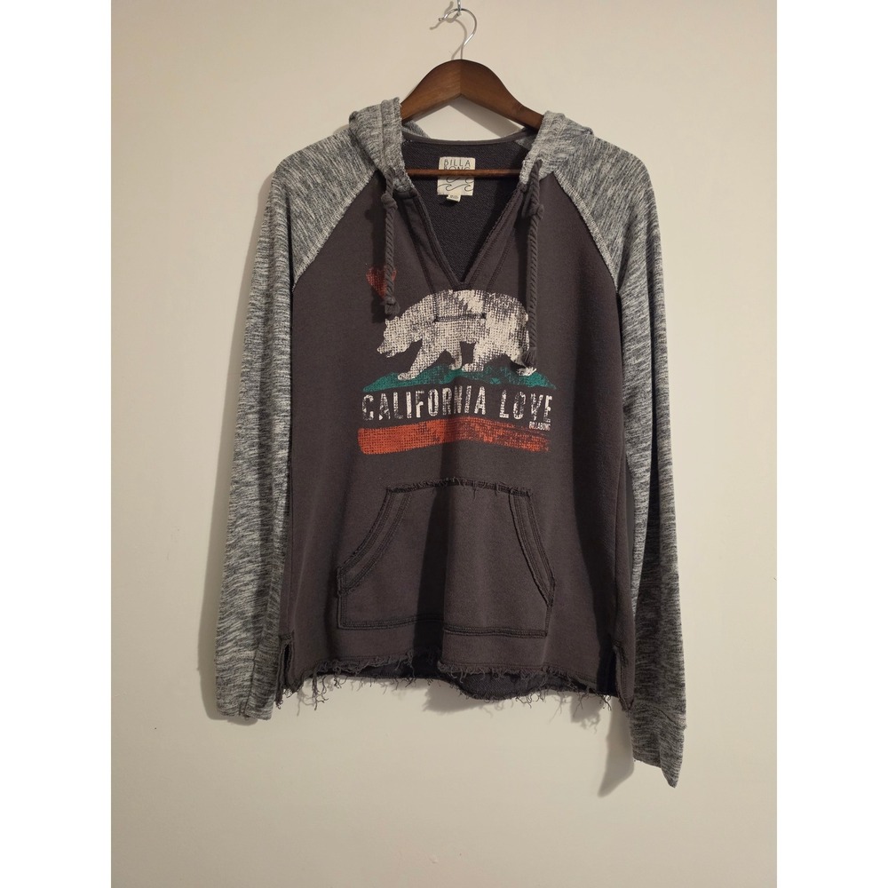Billabong Hoodie Women Large Gray Cotton California Love Graphic Raw Hem Surf